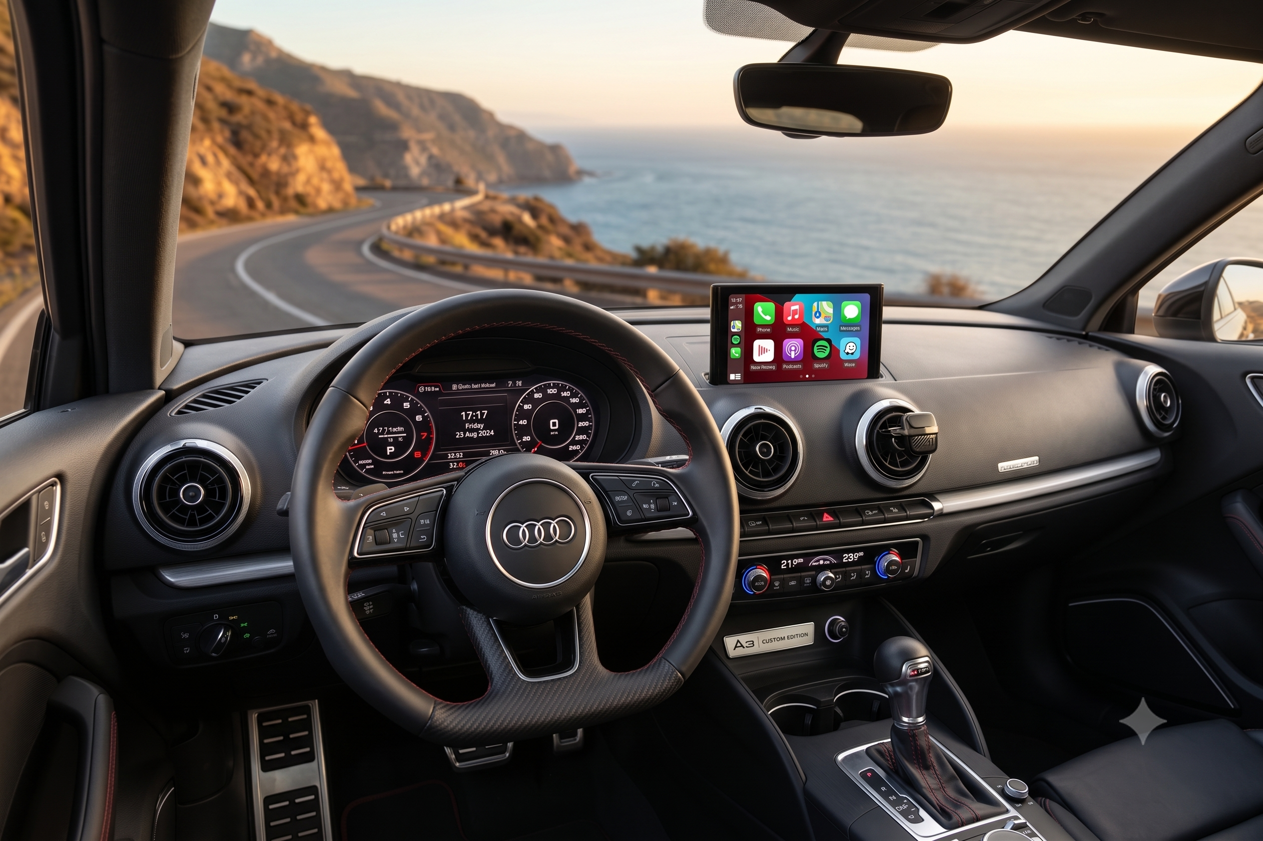 Салон Audi A3 с видом на горную дорогу и море